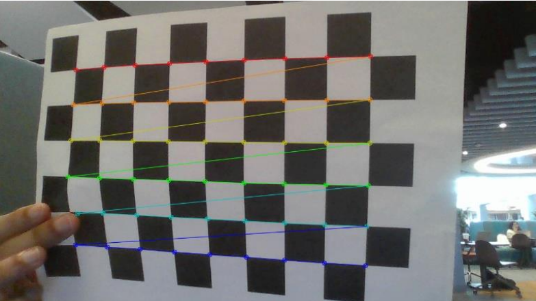 Detected checkerboard corners with color-coded lines