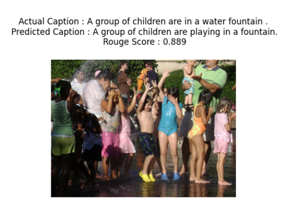 Children playing in a fountain with ground-truth and predicted captions