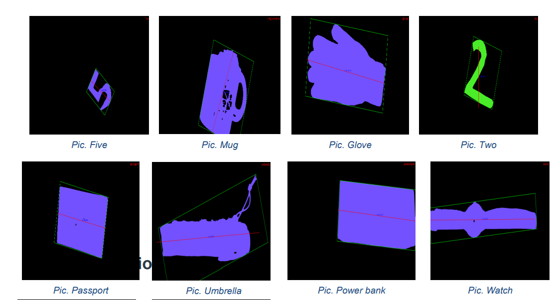 Labeled objects with oriented bounding boxes and axes