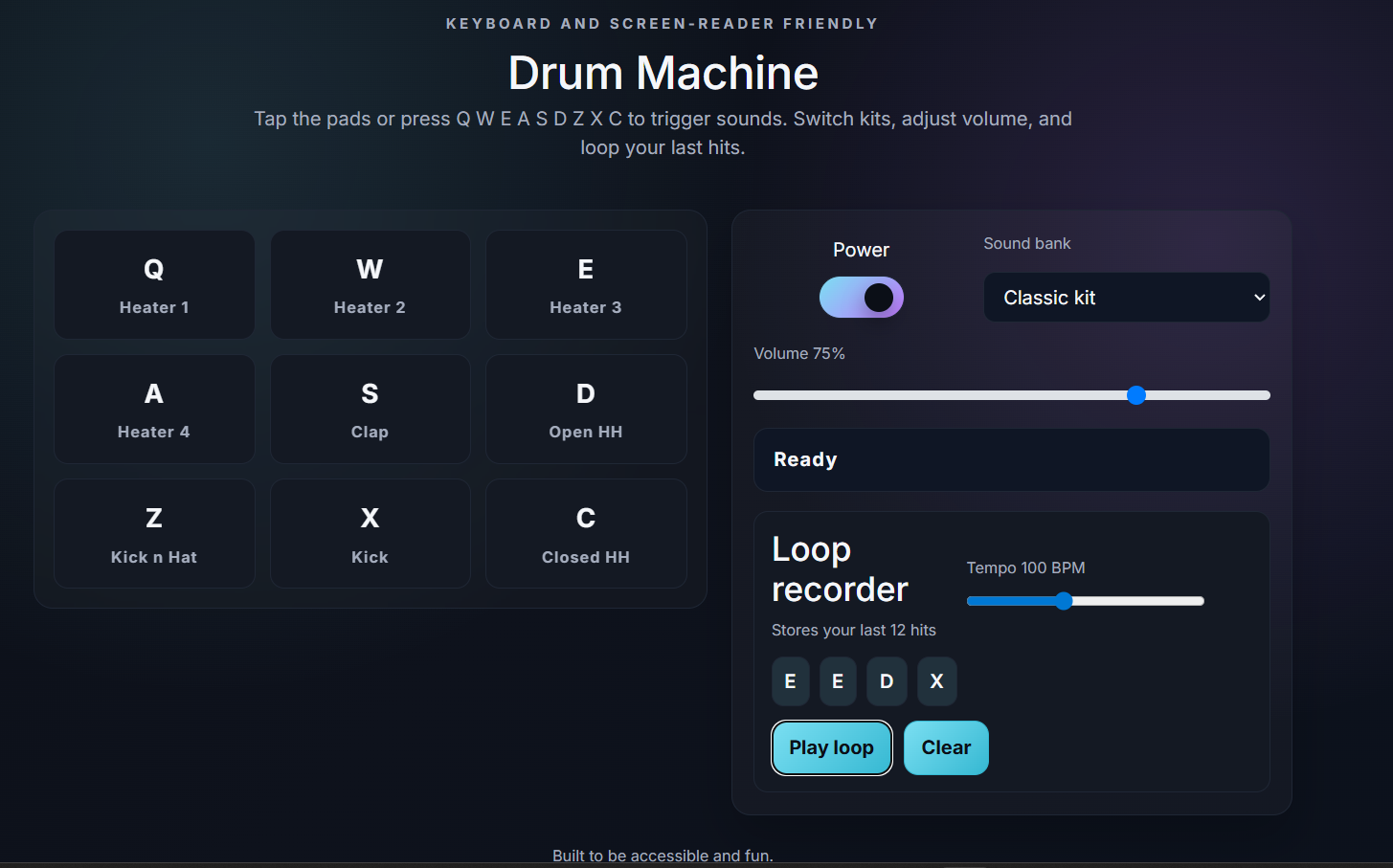 Accessible drum machine interface with pads, controls and loop recorder