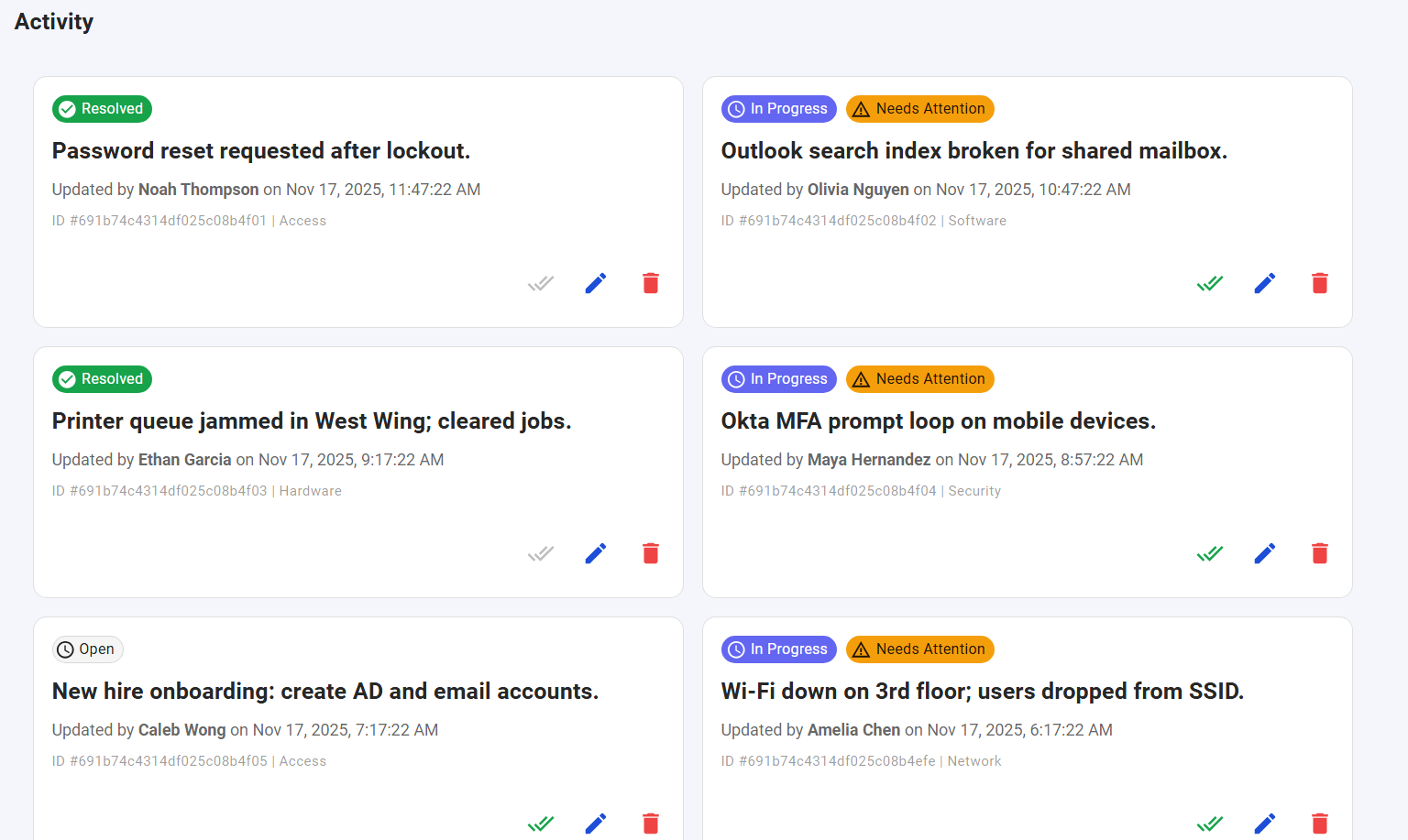 OpsDesk activity feed dashboard