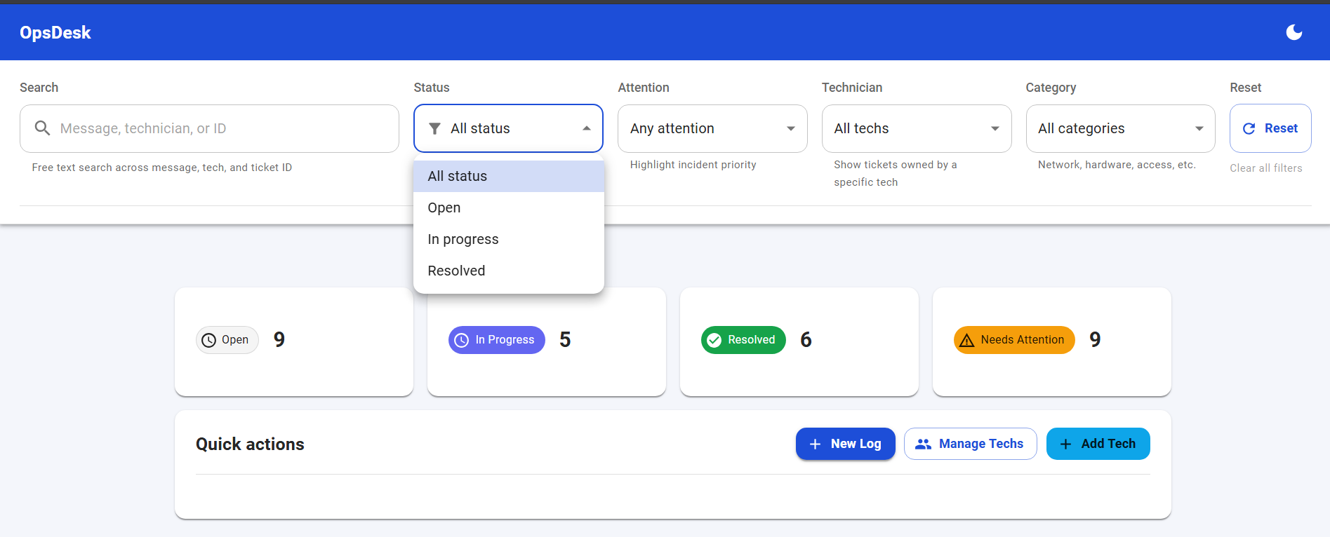 OpsDesk filters and status statistics
