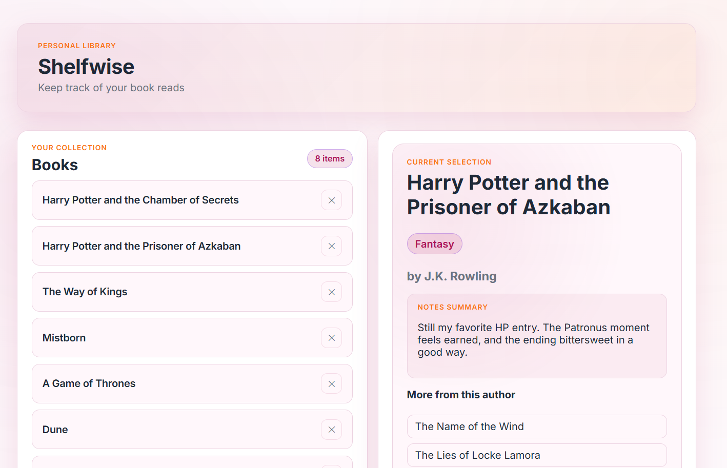 Shelfwise personal library view with list of books and a detailed current selection panel